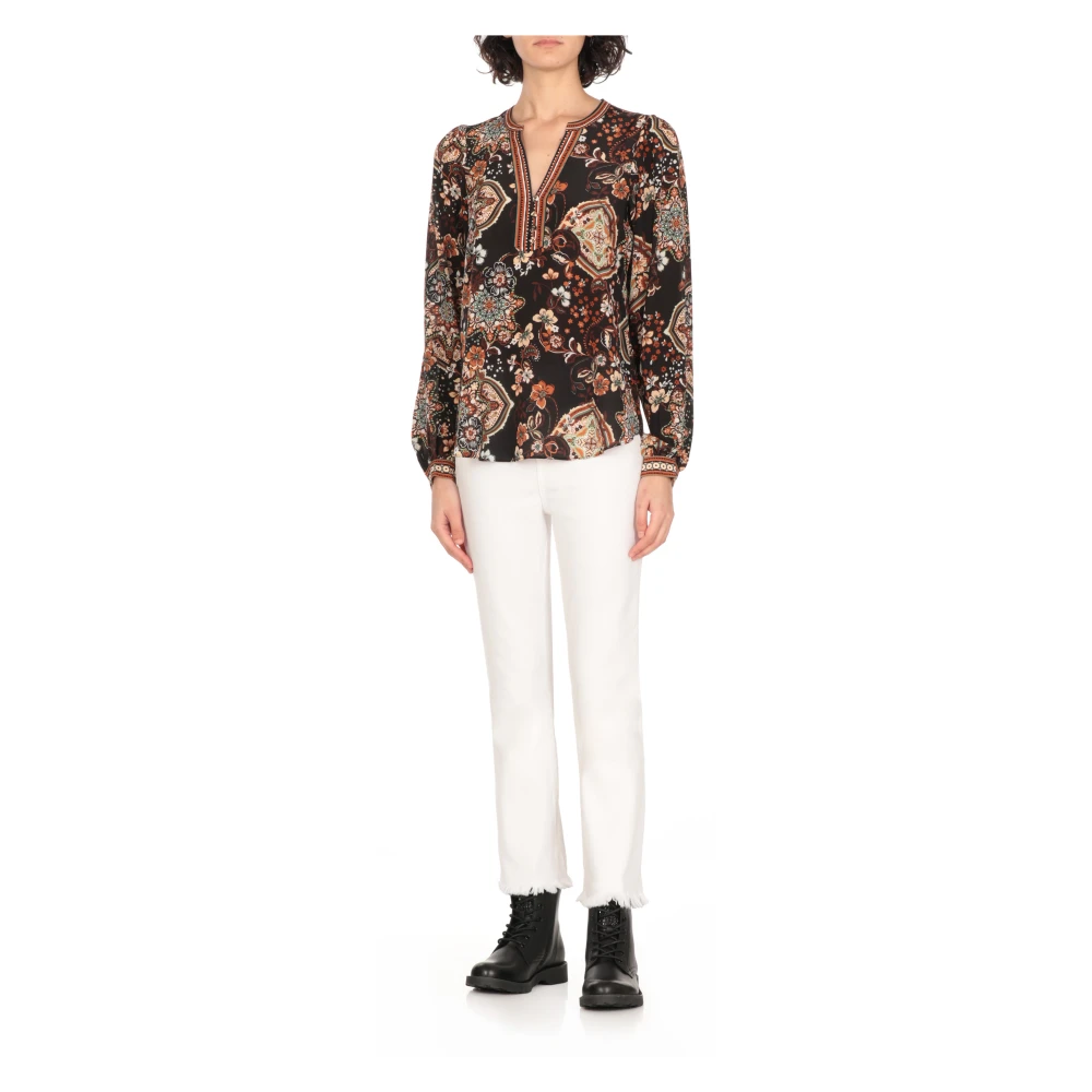 Hale Bob Bruine Bloemen V-Hals Blouse Multicolor Dames