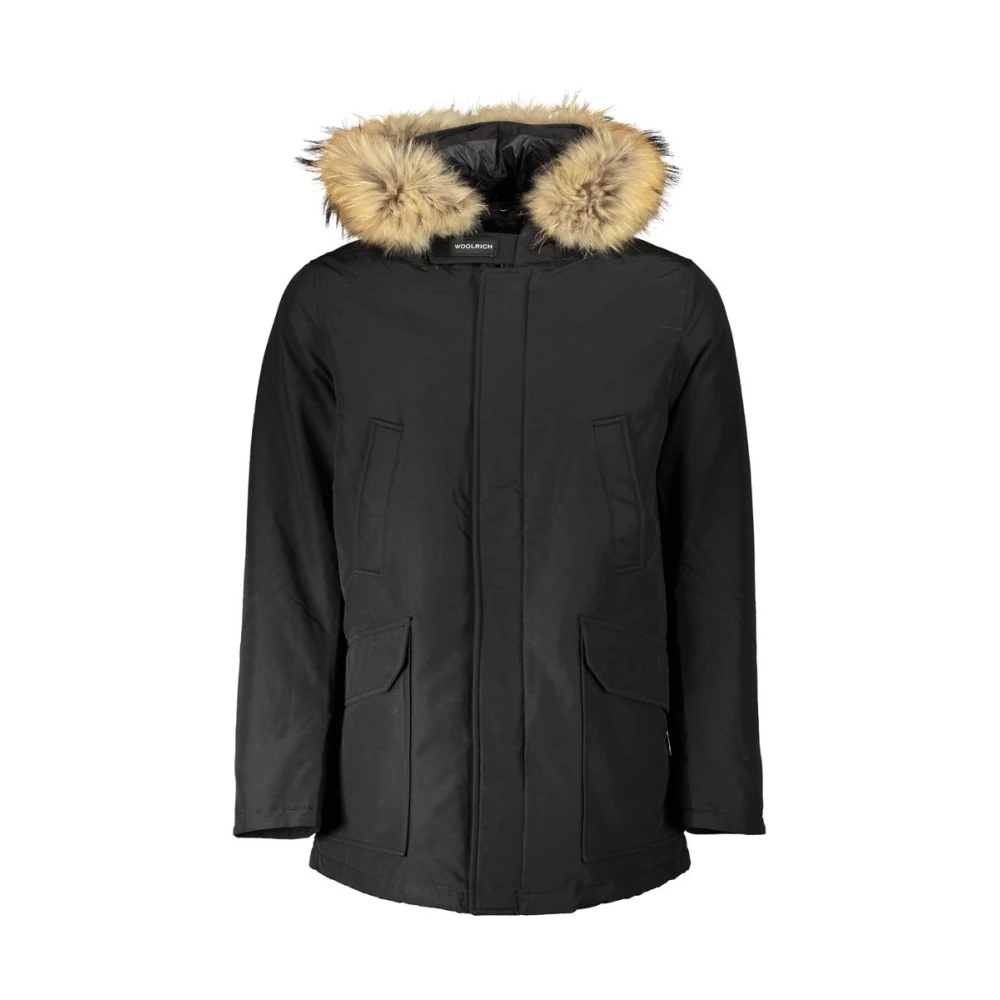 Woolrich Zwarte katoenen parka met capuchon en afneembare bont Black Heren