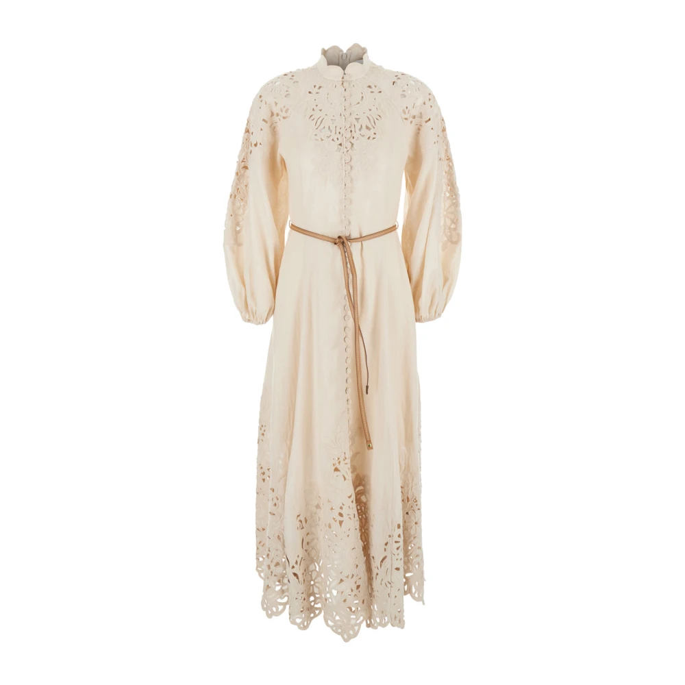 Zimmermann Beige Geborduurde Linnen Lange Jurk Beige Dames