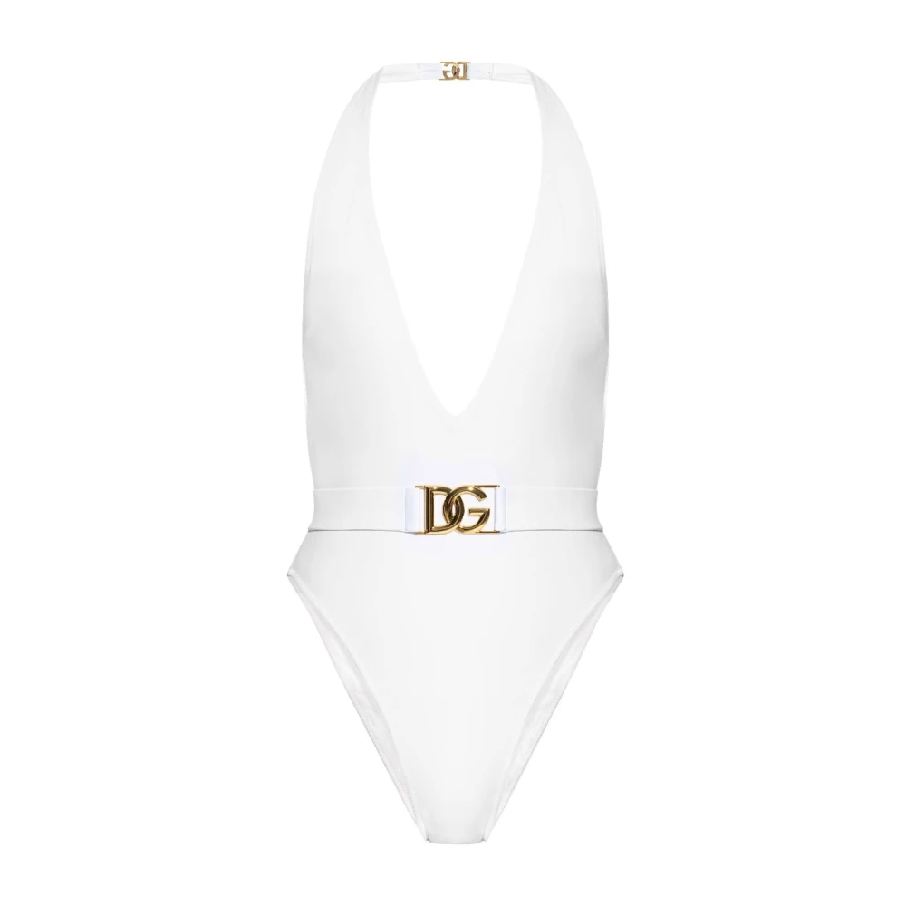 Dolce & Gabbana Women's White Swimsuits, L, Plunge-Neck Belted Swimsuit