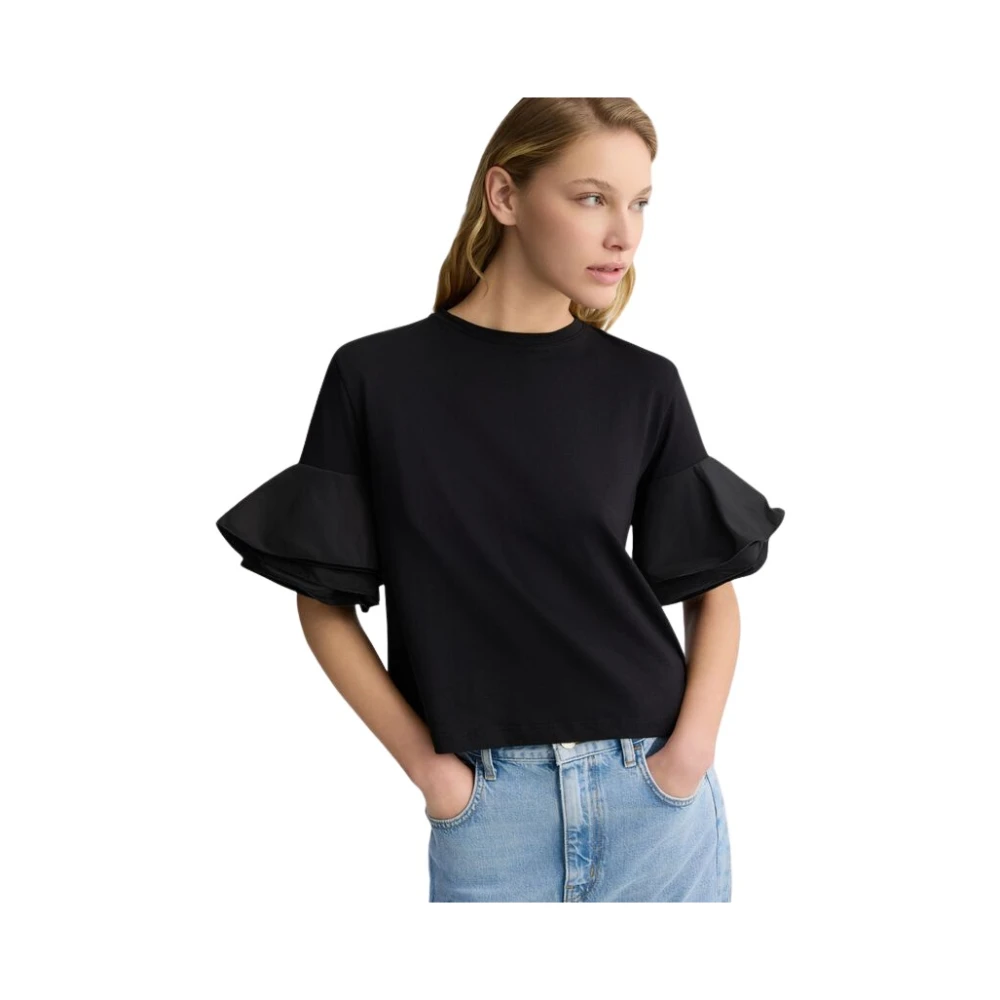 Liu Jo Zwarte katoenen T-shirt met taffeta ruches Black Dames