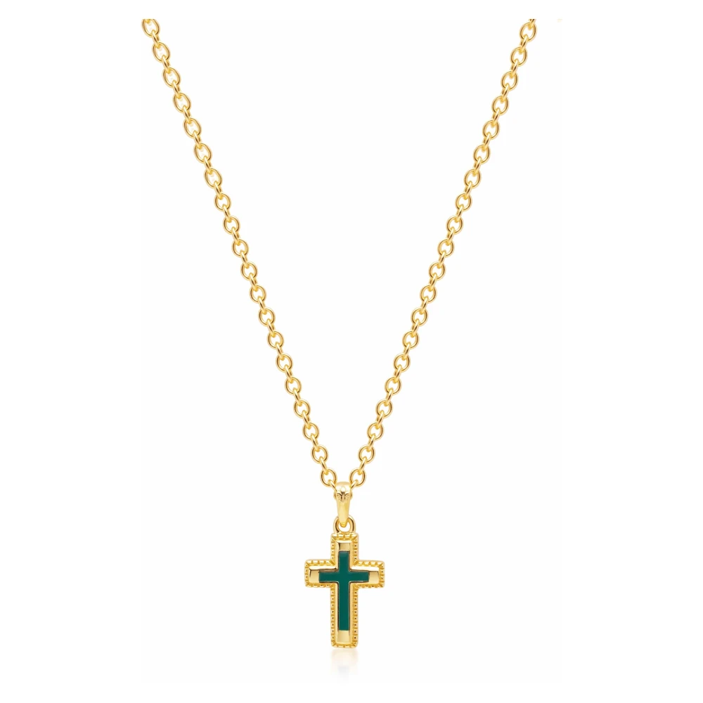 Men's Sterling Silver Gold Plated Mini Cross Necklace with Green Enamel