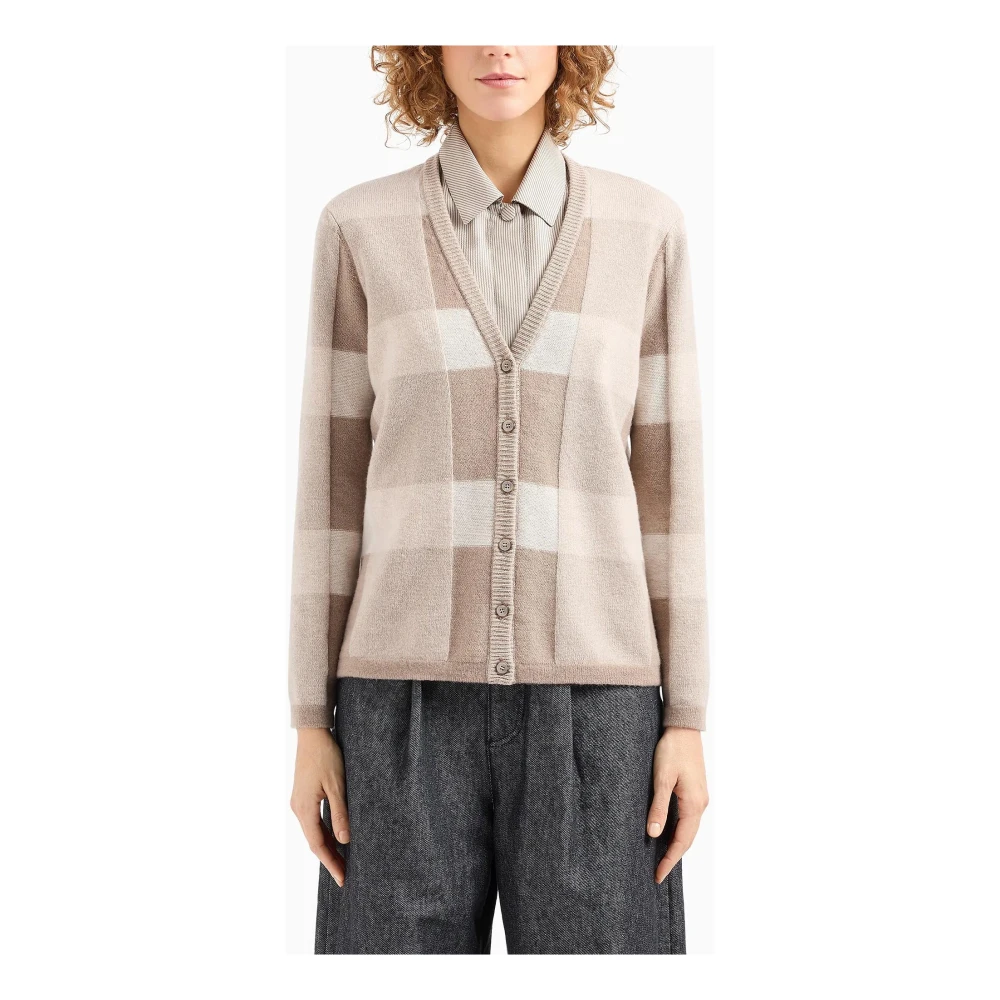 Emporio Armani Ruitpatroon V-hals Cardigan Sweaters Beige Dames