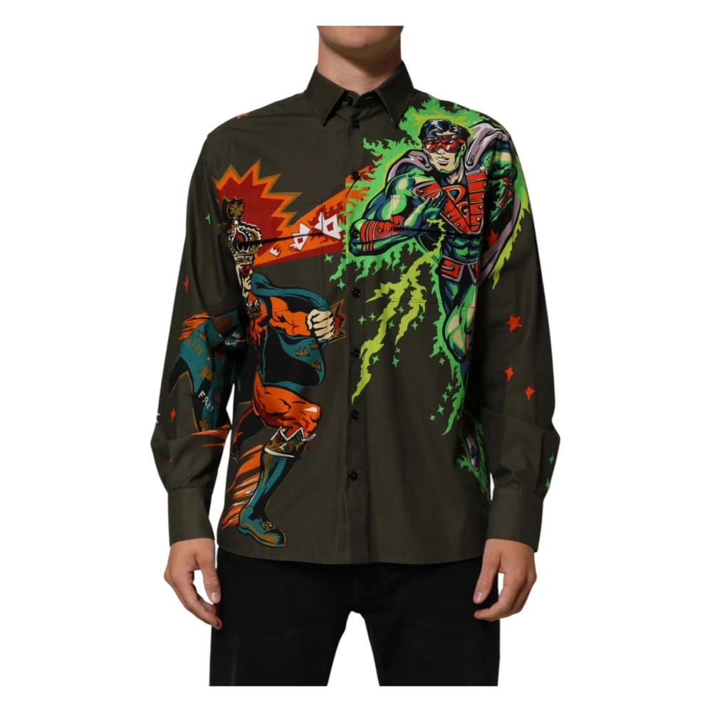 Dolce & Gabbana Men's Brown Superhero Print Button Down Shirt - Casual Shirts - L - Shirts