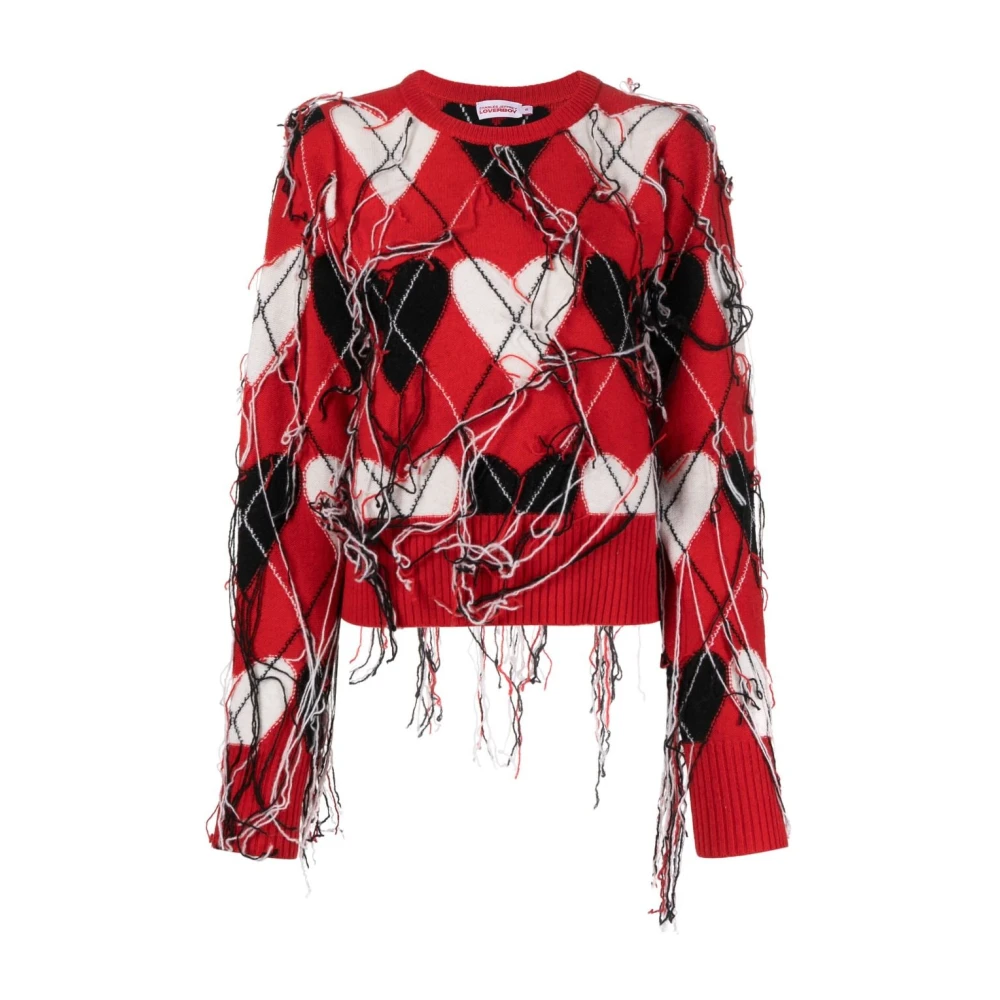 Loverboy by Charles Jeffrey Röd Oversized Tröja med Fransig Diamantmönster Red, Dam