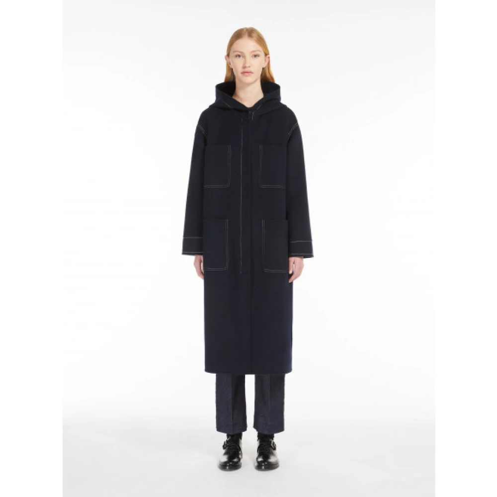 Max Mara Luxe Wol Hooded Midi Jas Blue Dames