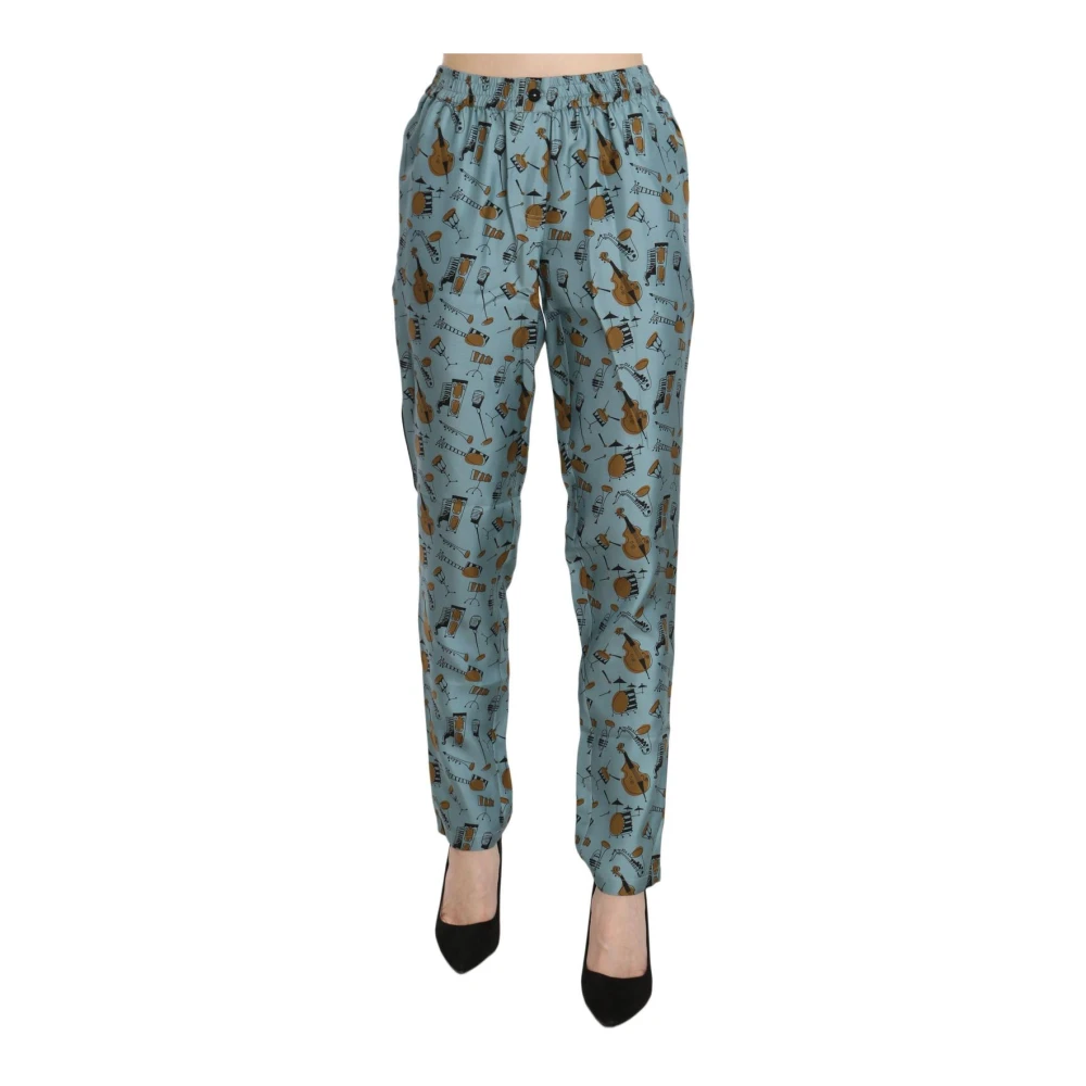 Dolce & Gabbana Blue Musical Instruments Print Silk Trousers - Female - Slim-Fit Trousers - 2XS - Trousers