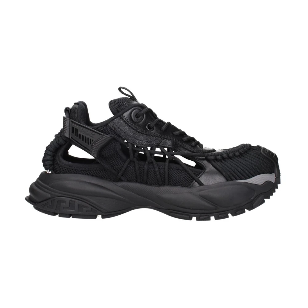 Versace Men's Black Sneakers, 8 Uk, Leather Athletic Trainers With Logo