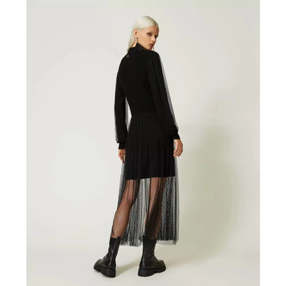 Twinset Lange Gebreide en Tule Jurk Black Dames