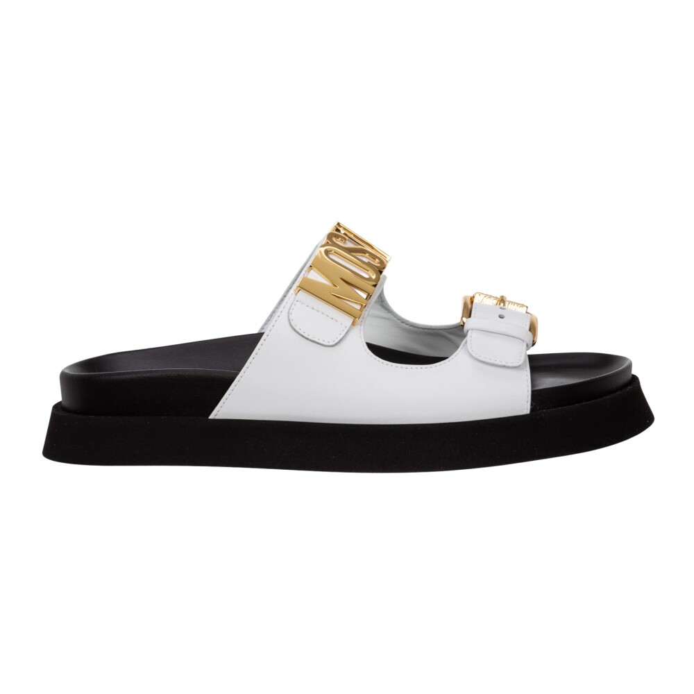 Platte sandalen met logo en metalen applicaties Moschino Dames