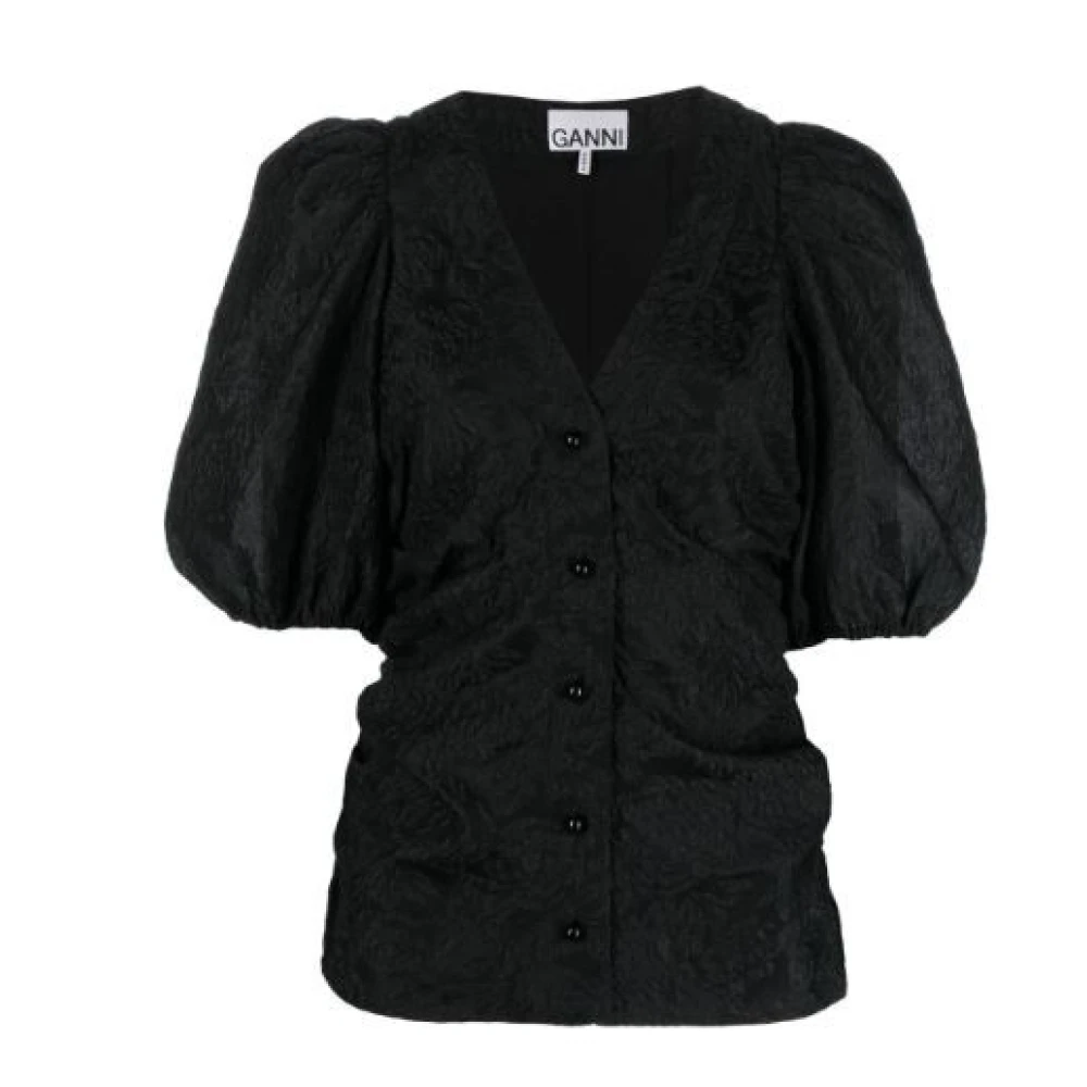 Ganni Blommig Jacquard Puff Sleeve Blus Black, Dam