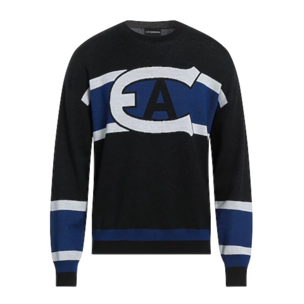 Emporio Armani Zwarte Logo Jacquard Trui van Zuivere Wol Multicolor Heren
