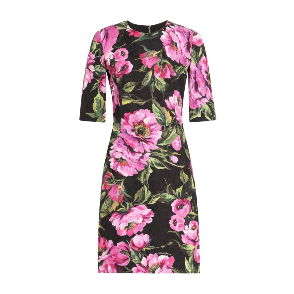 Dolce & Gabbana Damen Multicolor Schwarzes Kleid Mit Reißverschluss Und Kurzen Ärmeln