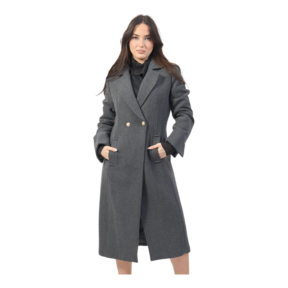 YES ZEE Antraciet Lange Wollen Jas met Gouden Knopen Gray Dames