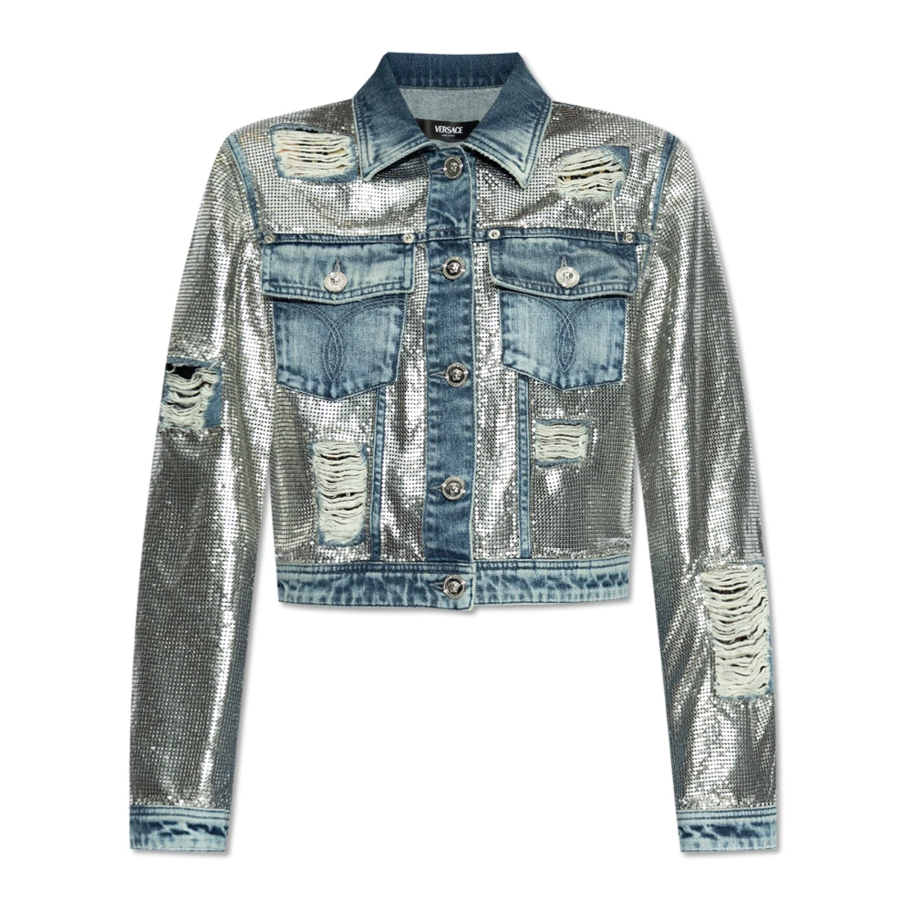 Versace Denim jas met glinsterende applicaties Blue Dames