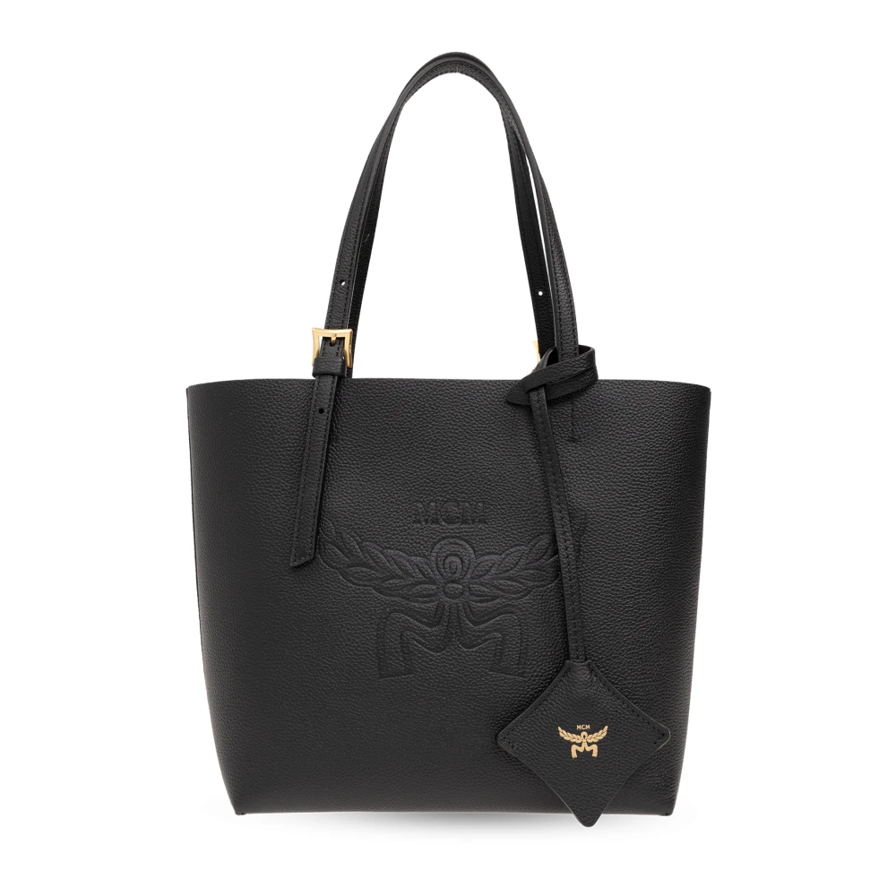 MCM Zwarte Leren Tote Tas met Logo Black Heren