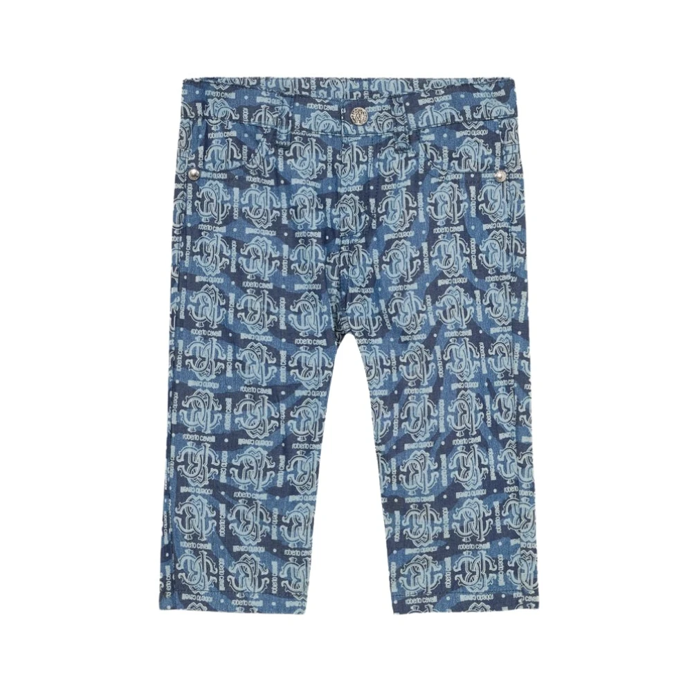 Roberto Cavalli Men's Blue Tiger Skin-Print Pants With Rc Monogram And Lettering