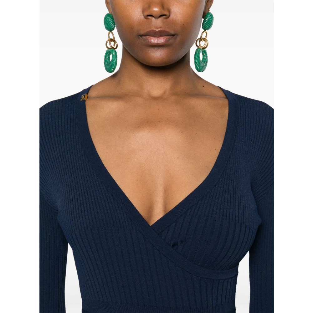 Elisabetta Franchi Blauwe Geribbelde V-Hals Mini Jurk Blue Dames