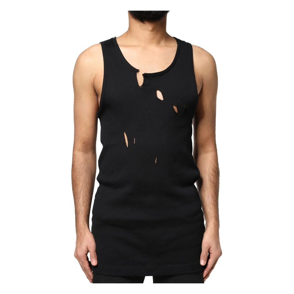 Dolce & Gabbana Uomo Nero Canotta T-Shirt Senza Maniche In Cotone Stile Strappato