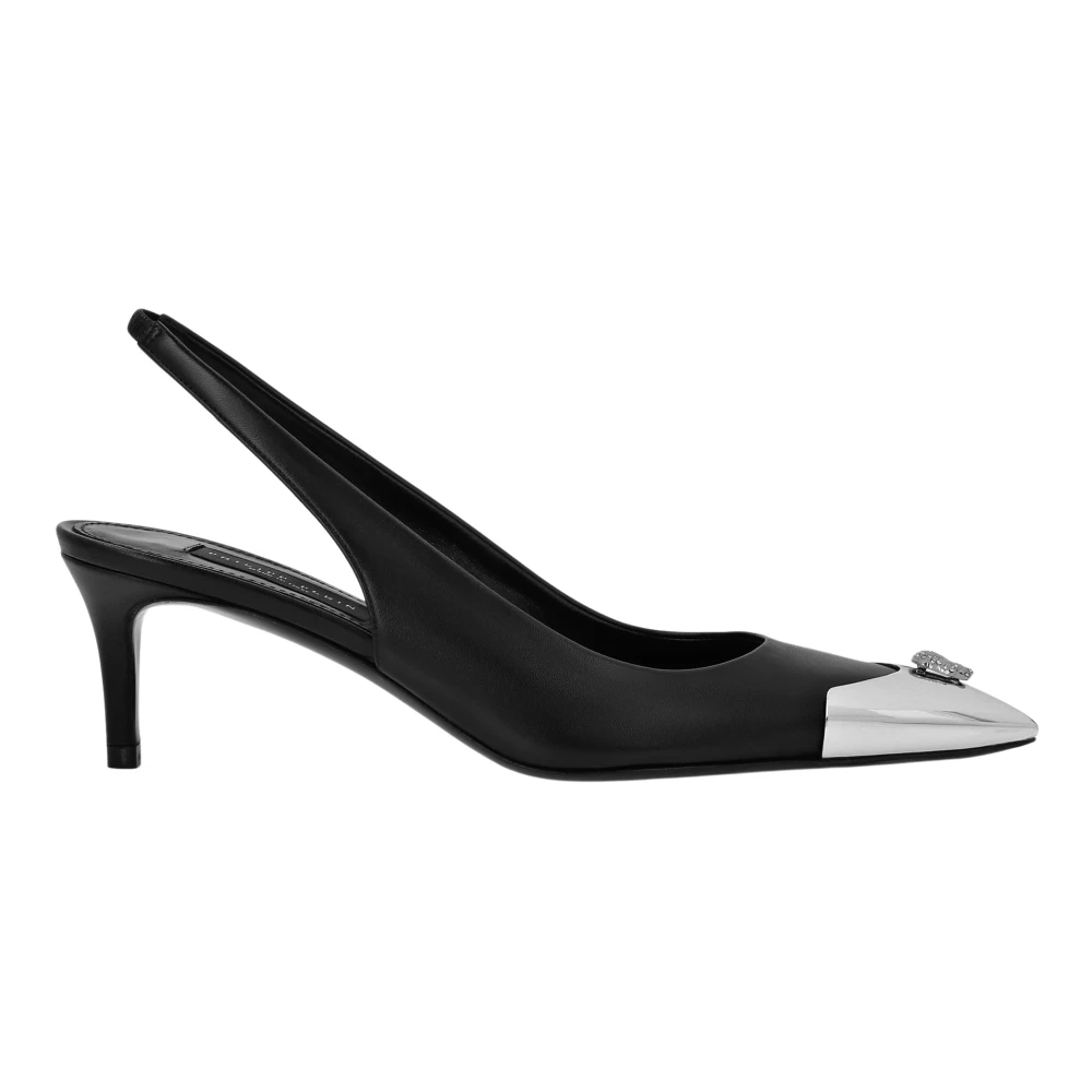 Philipp Plein Women's Black Leather Slingback Shoes Skull Strass