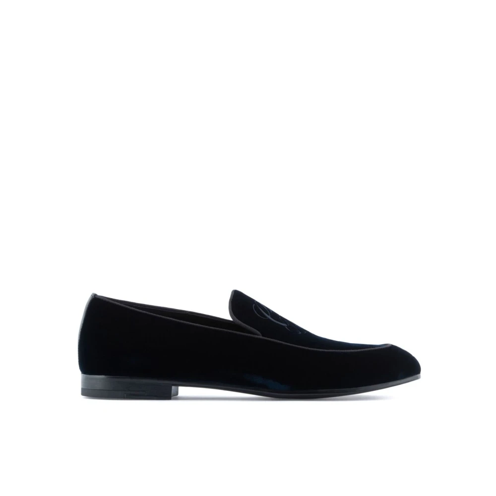 Giorgio Armani Blue Loafers, Male, 6 Uk, Velvet Loafers With Embroidered Logo