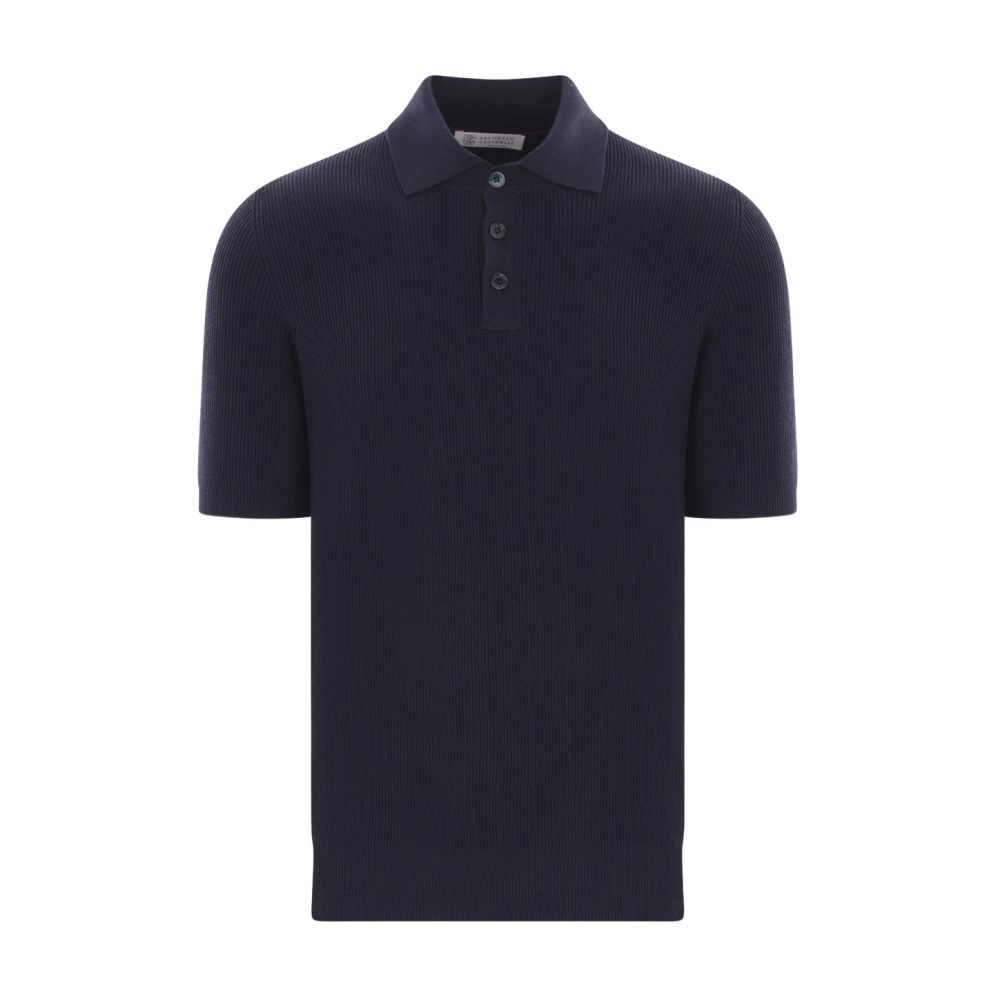 BRUNELLO CUCINELLI Blauw Geribbeld Katoenen Poloshirt Blue Heren