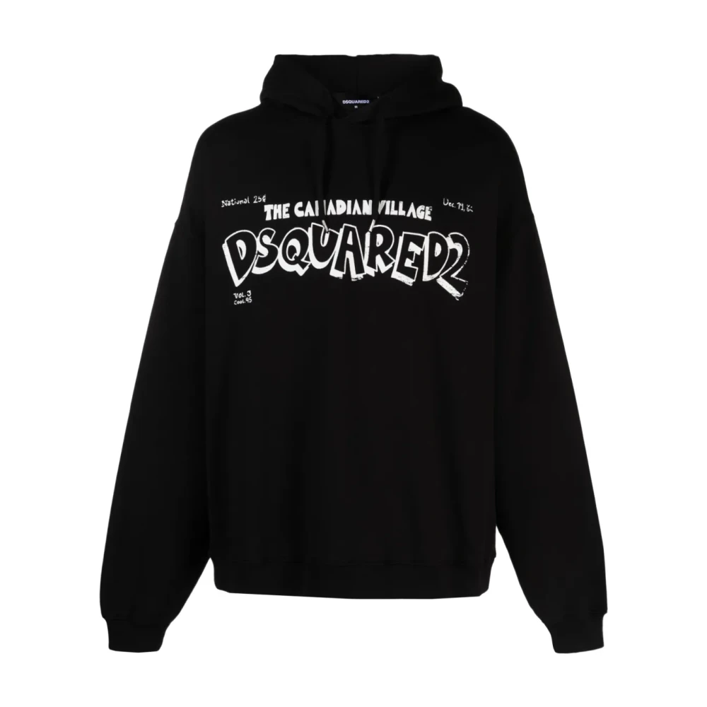 Dsquared2 Black Hoodies, Male, L, Canadian Village Logo Loose Fit Hoodie