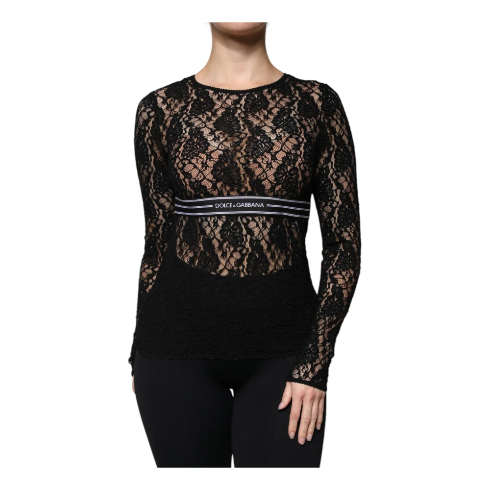 Dolce & Gabbana Zwart Logo Streep Kant Top Black Dames