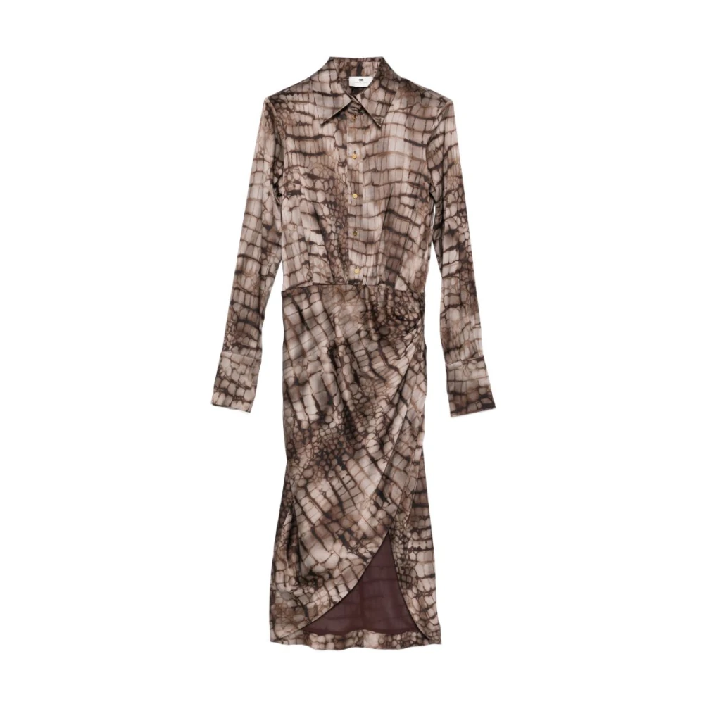 Elisabetta Franchi Brown Stretch Satin Dress With Alligator Print - Female - Shirt Dresses - M - Dresses