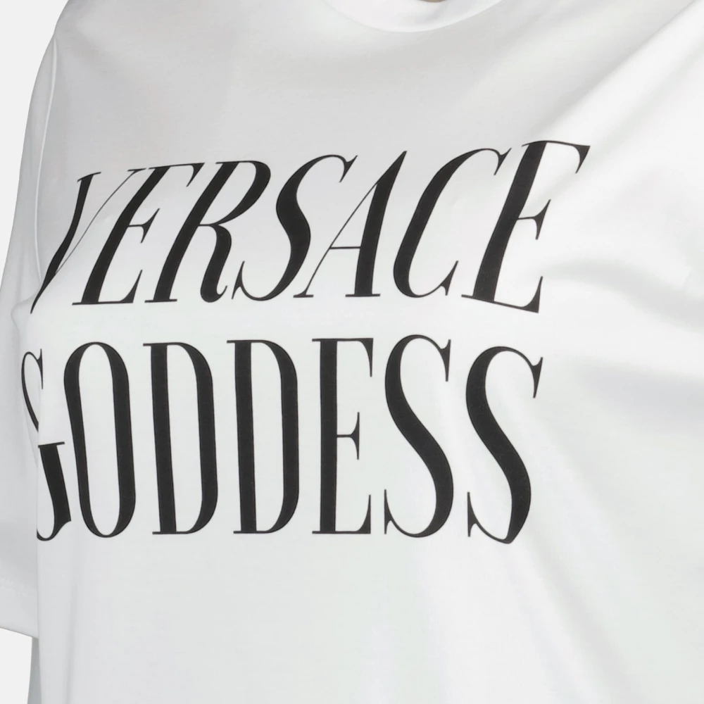 Versace Asymmetrisch T-shirt met Bedrukt Logo White Dames