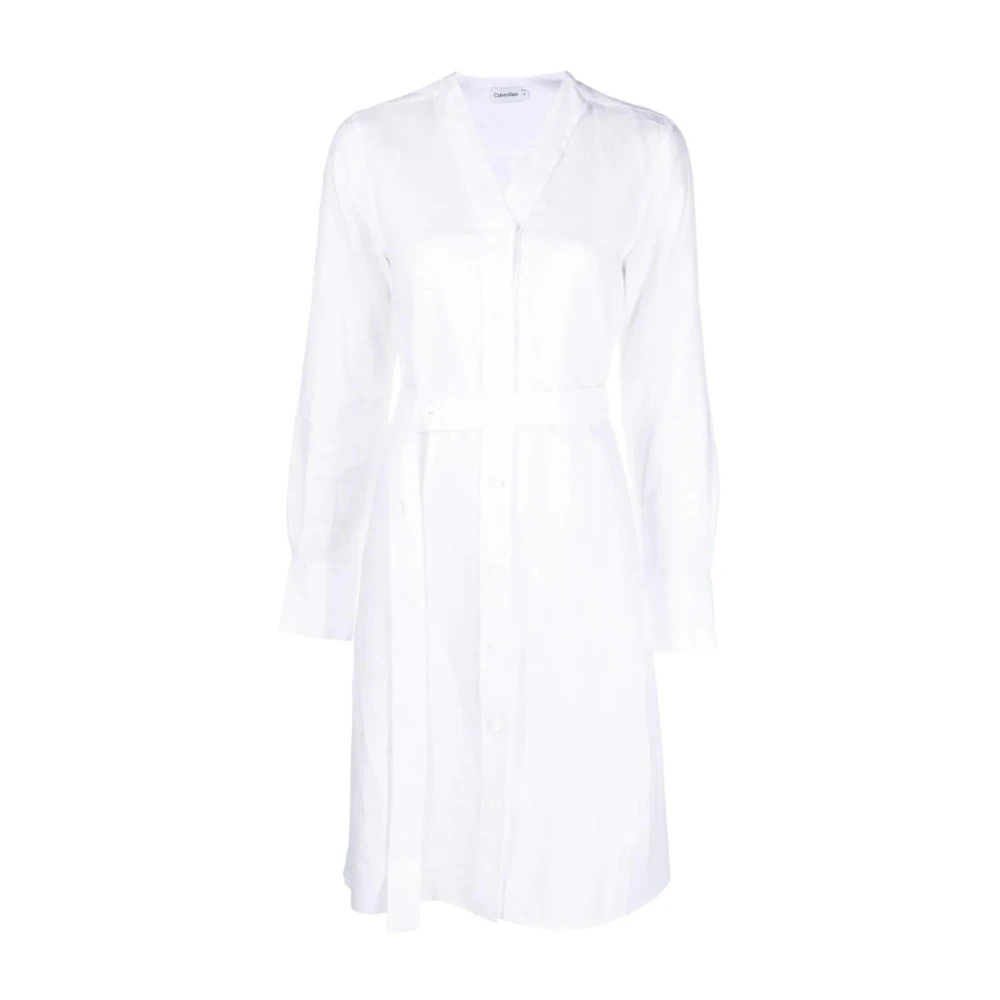 Calvin Klein Vit Linne Midi Klänning White, Dam