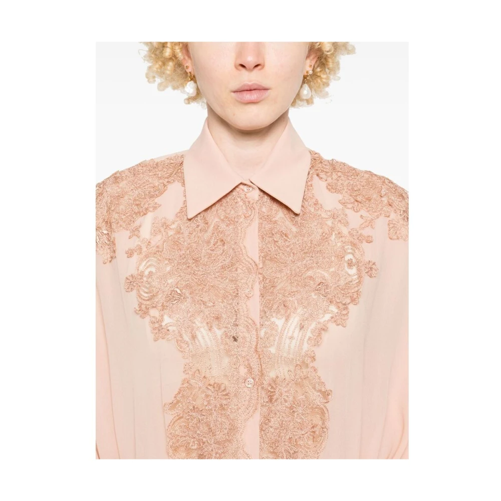 Ermanno Scervino Koraalroze Zijden Kantoverhemd Pink Dames
