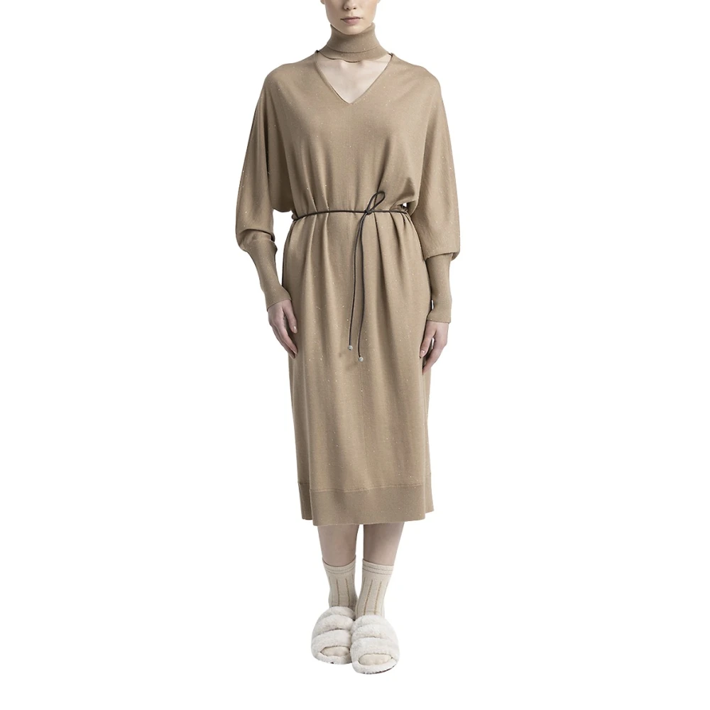 PESERICO Wollen en viscose midi-jurk met ceintuur Brown Dames