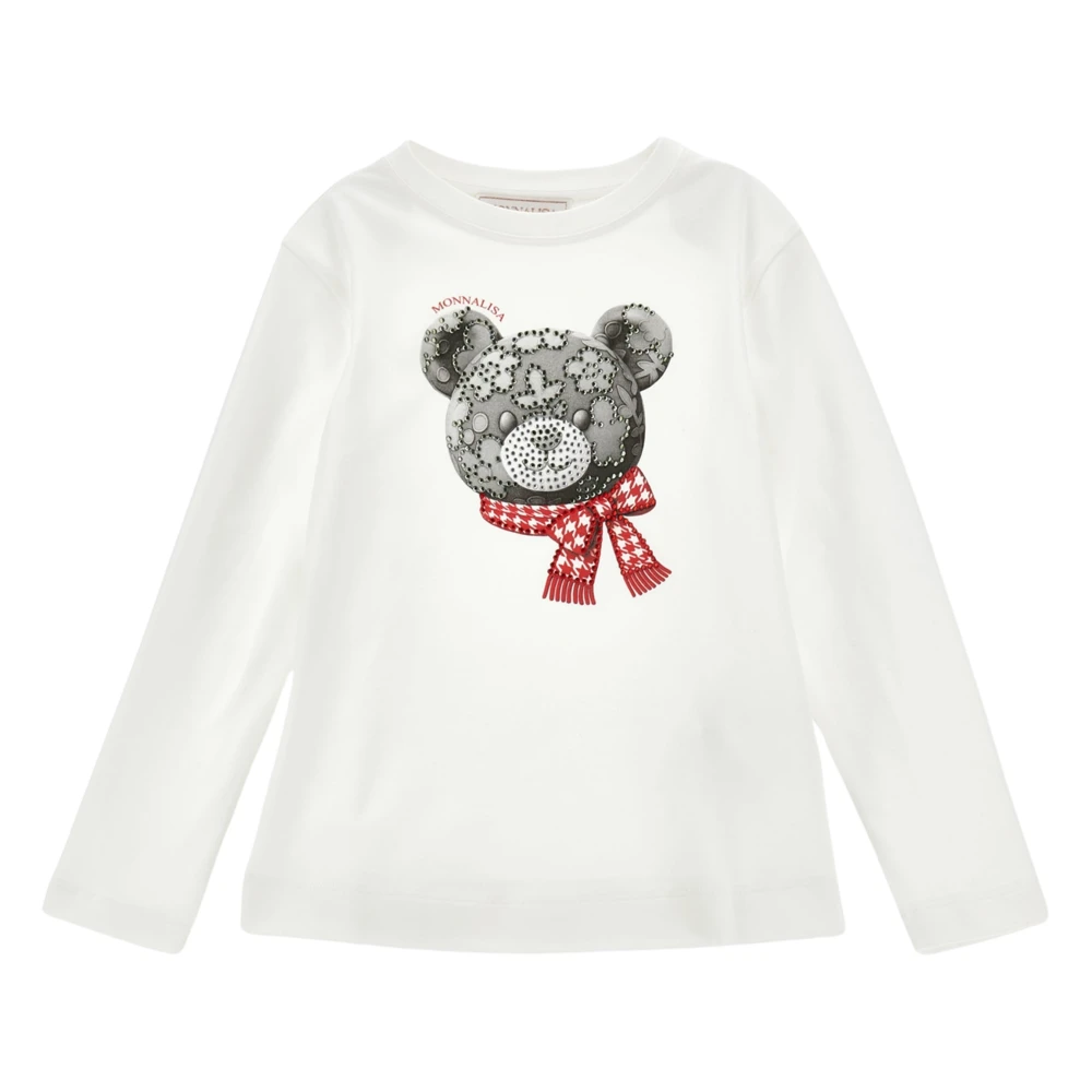 Monnalisa Girls Flower Bear Long Sleeve T-Shirt In Ivory - Unisex - Kids Short Sleeve T-Shirts - White - 8 Y | 128 Cm - Kids