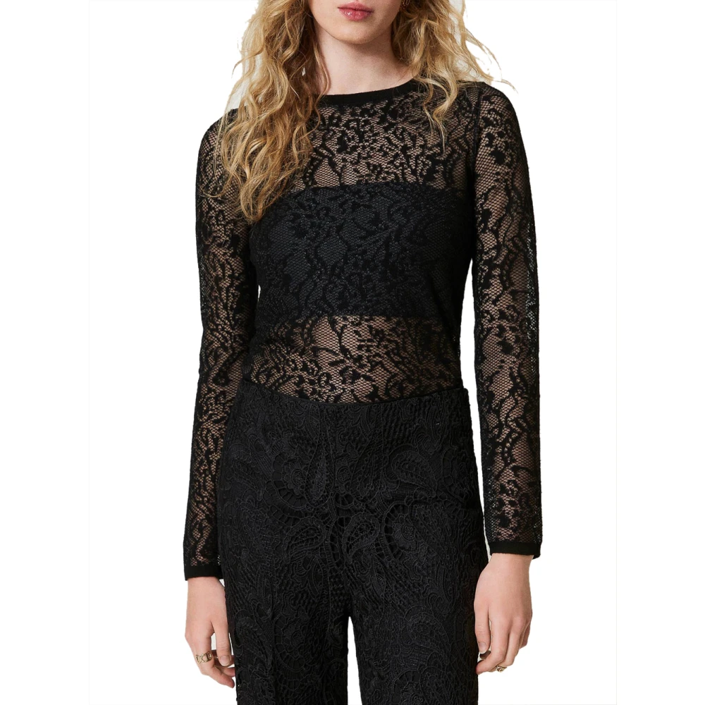 Twinset Zwart Kant Jacquard Trui Black Dames