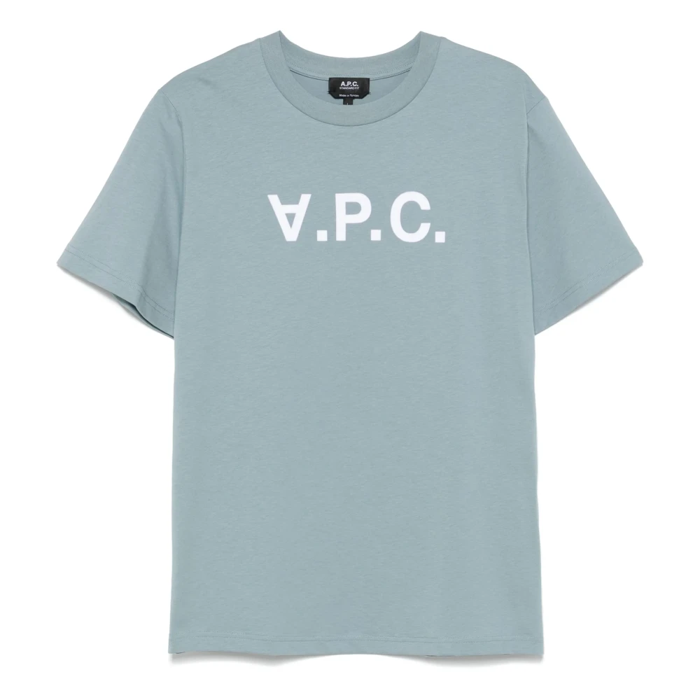 A.p.c. Blauw Velours Logo Crew Neck T-shirt Blue Heren