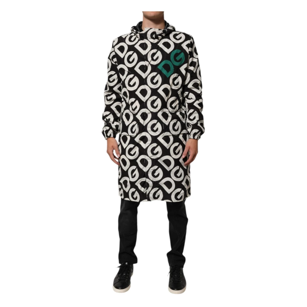 Dolce & Gabbana Herr Multicolor Kappor & Rockar 4XL, Svart Vit Logotyp Tryck Huva Jacka