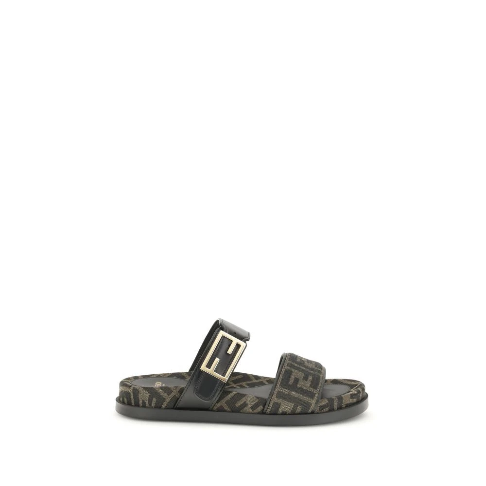 Fendi , Sliders, Female, Gray, 7 Uk, Jacquard Fabric Sandal With Baguette Buckle