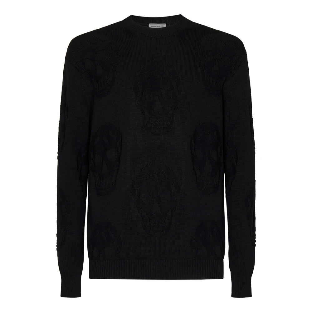 Alexander Mcqueen Men's Black Round-Neck Knitwear, S, Textured Skull Jumpers