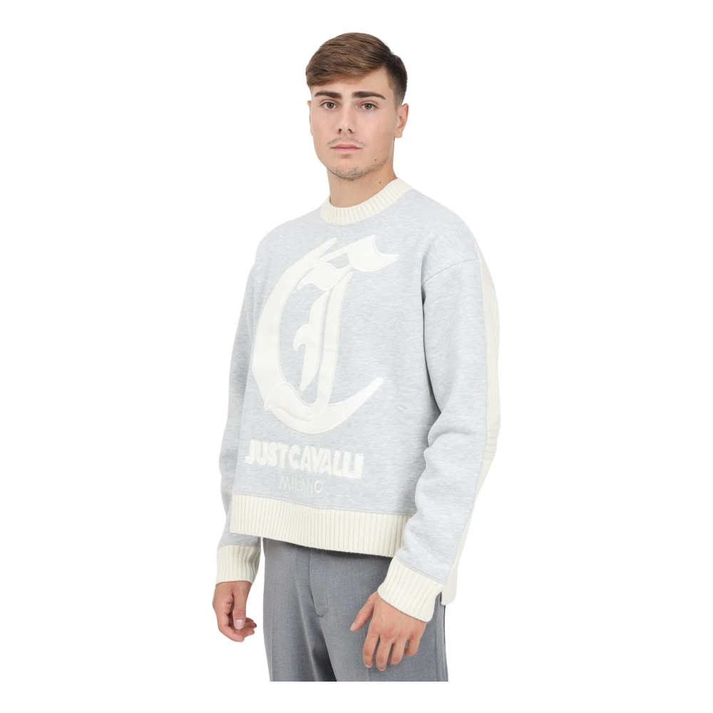 Just Cavalli Bicolor Crew Neck Sweater Diamond Motif Beige Heren