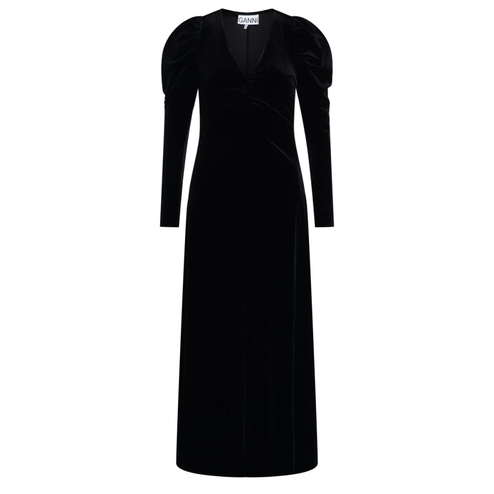 Ganni Lange fluwelen jurk met V-hals en pofmouwen Black Dames