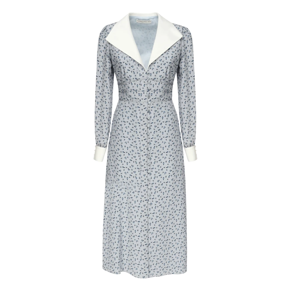 Alessandra Rich Zijden Jurk met Rozenprint Midi Lengte Lichtblauw Blue Dames