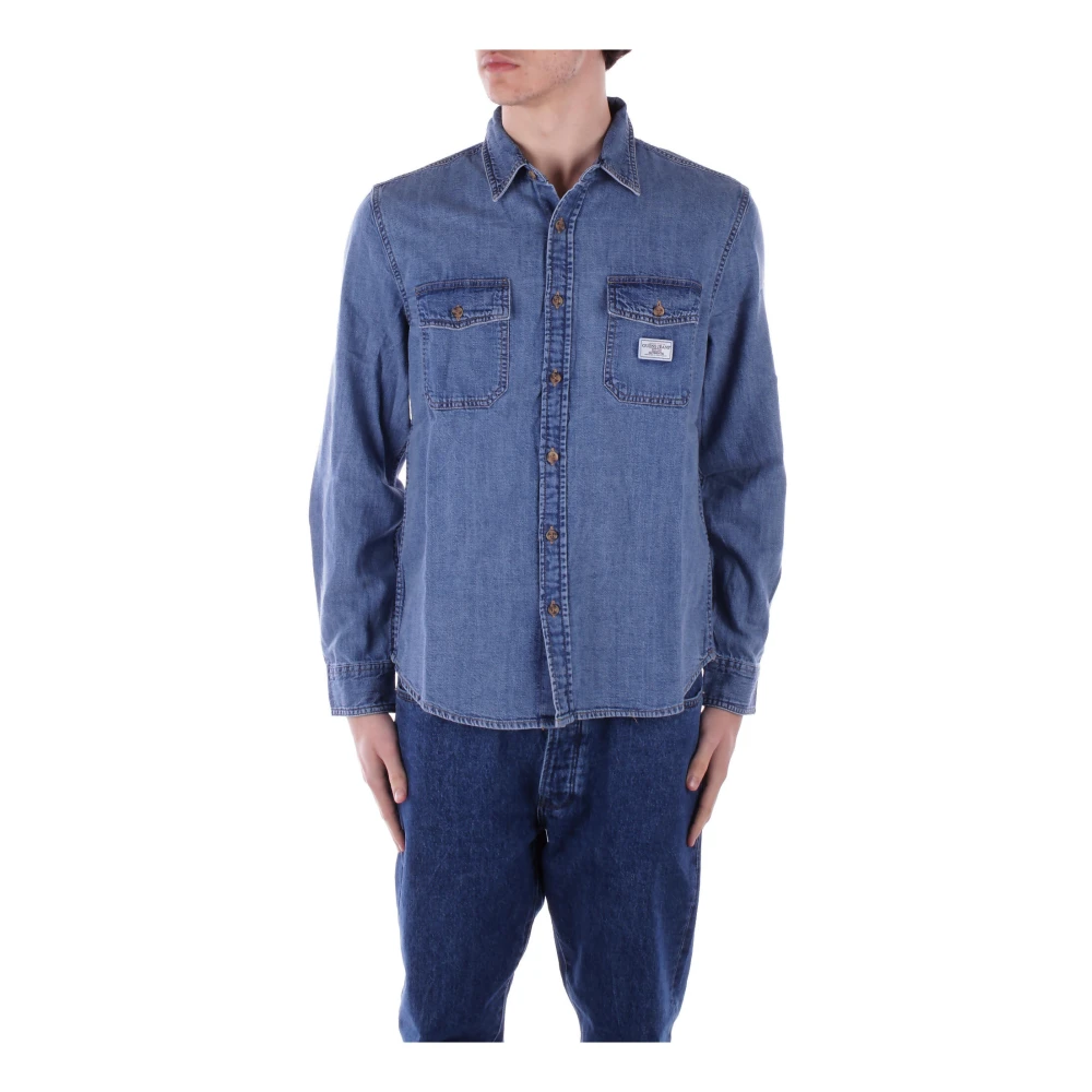 Guess Denim Logo Frontale Shirt Twee Zakken Blue Heren