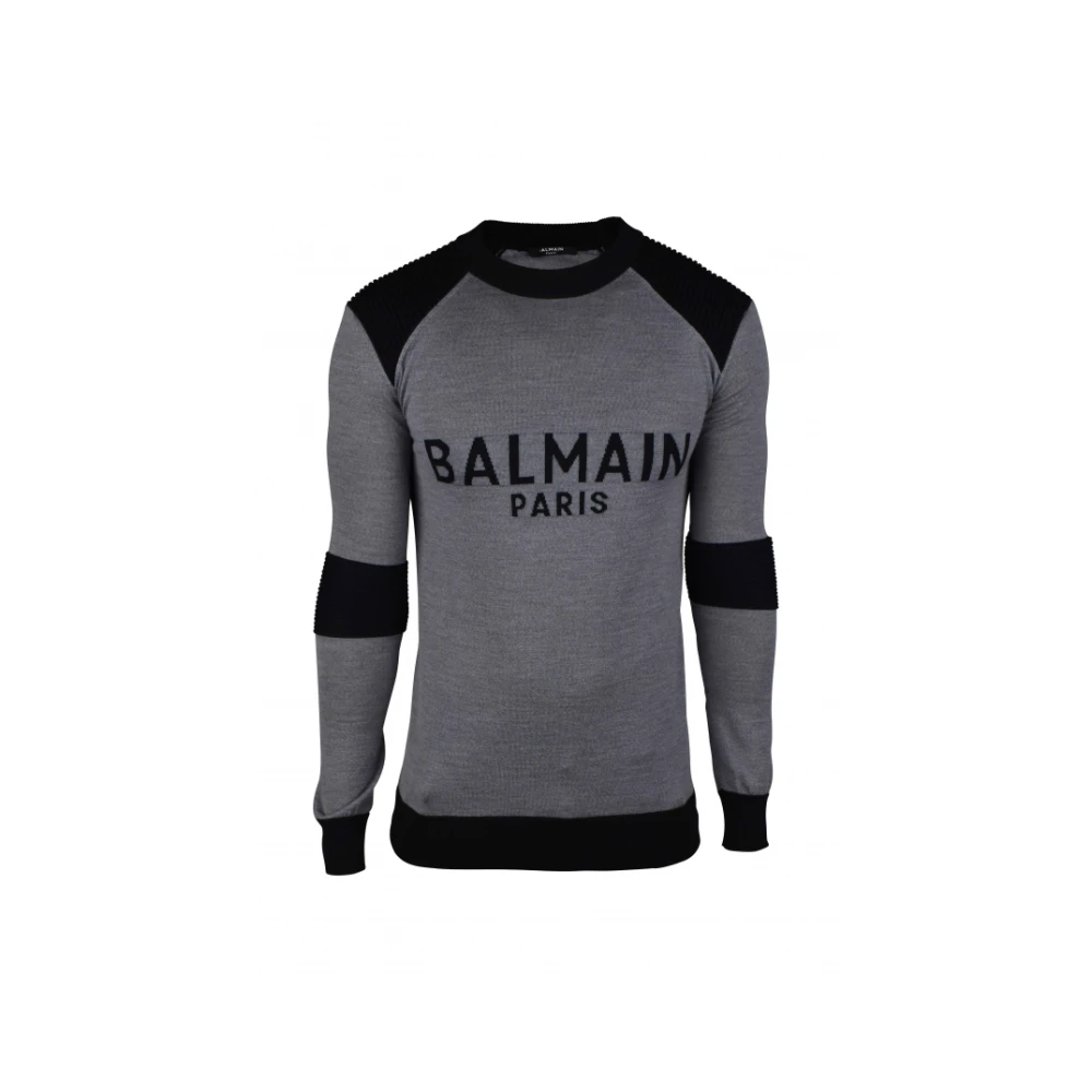 Balmain Grijze wollen trui met zwart logo Gray Heren