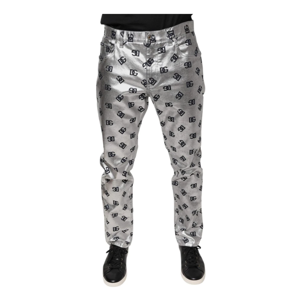 Dolce & Gabbana Logo Monogram Skinny Katoen Denim Jeans Gray Heren