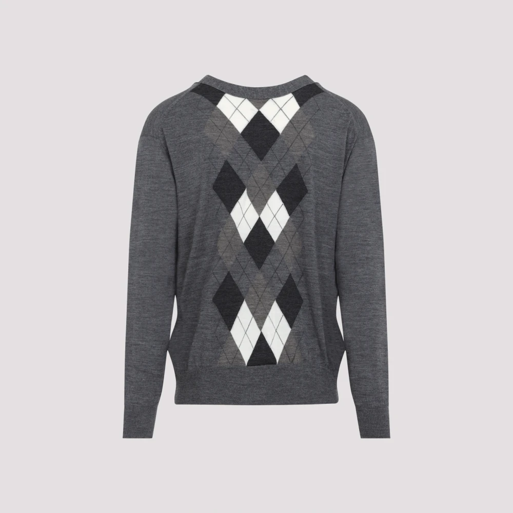 Junya Watanabe Grijze Wol V-Hals Diamantpatroon Trui Gray Heren