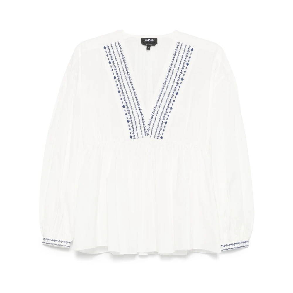 A.p.c. Witte V-hals shirt met geborduurd motief White Dames