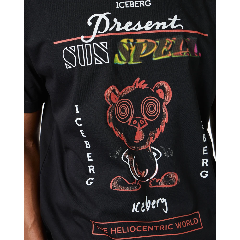 Iceberg Zwarte regular fit katoenen T-shirt met maxi multicolor Bear print Black Heren