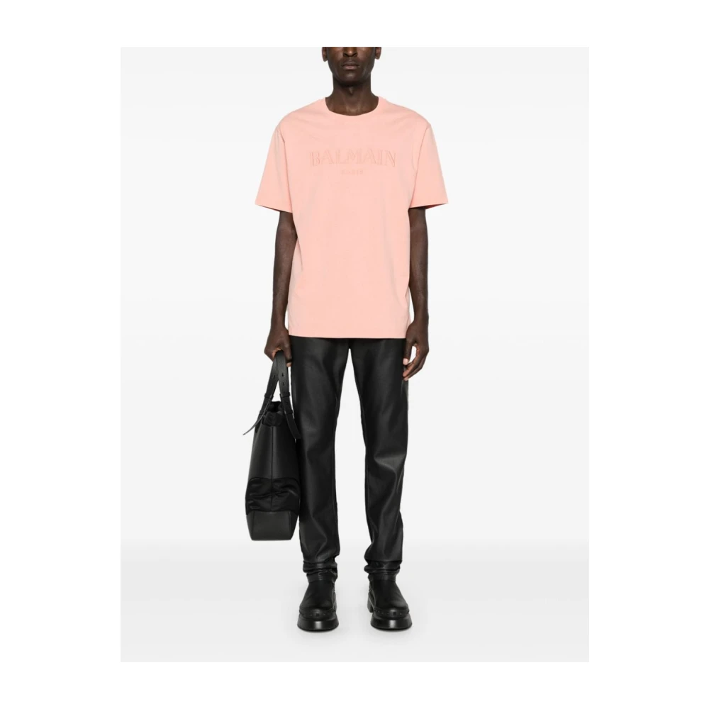 Balmain Zalmroze Logo Geborduurde Jersey Tee Pink Heren
