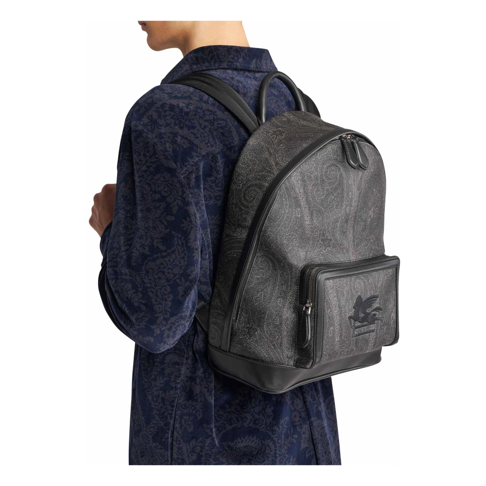 ETRO Zwarte Jacquard Rugzak met Leren Details Black Heren
